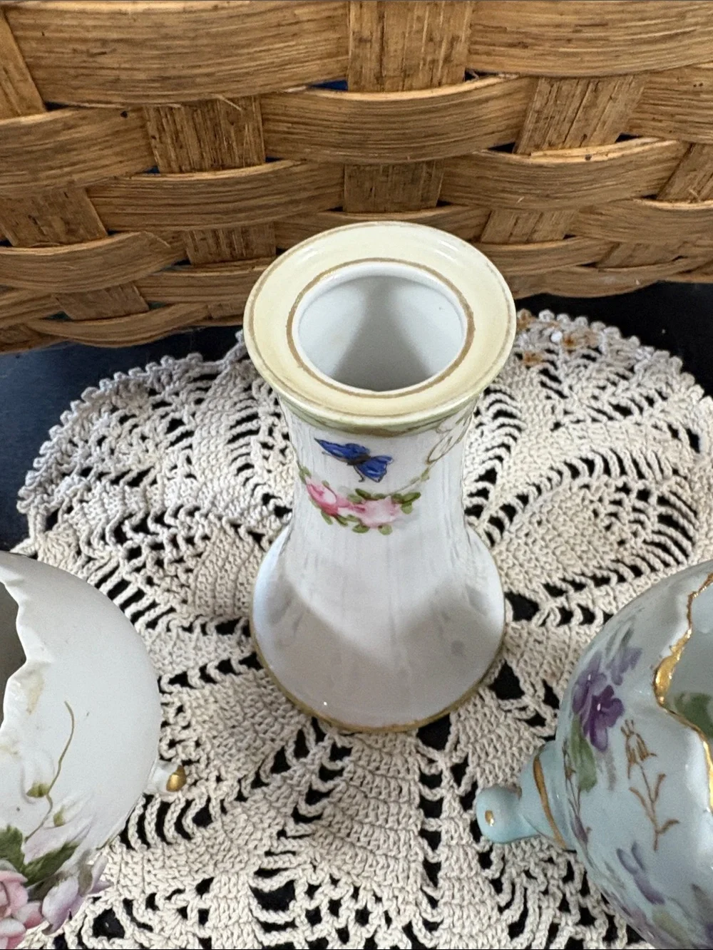 Vintage Ceramic Floral Egg vases and Nippon hat pin holder